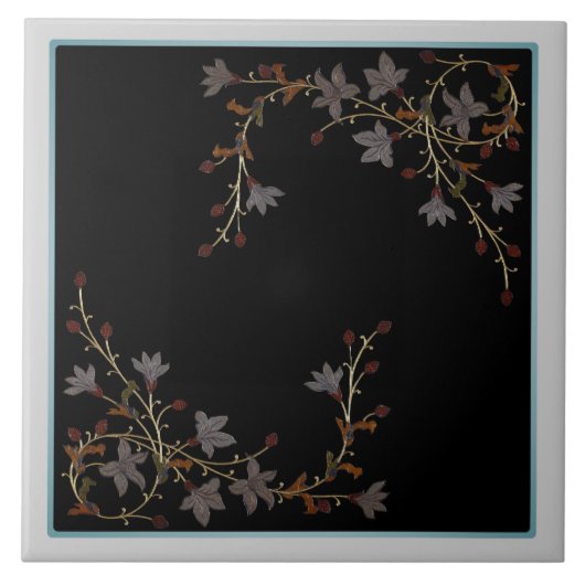 Art Deco Blumen auf Schwarz Fliese (Vorderseite)