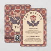 Art Deco Blumen Hochzeitsdetails Karte QR-Code (Vorne/Hinten)