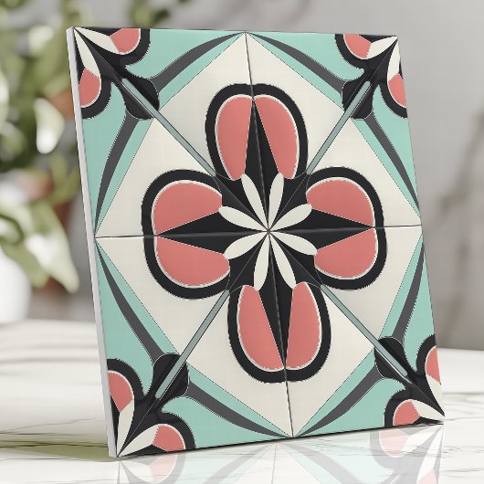 Art Deco Blumendesign in Rosa, Schwarz und Minze Fliese