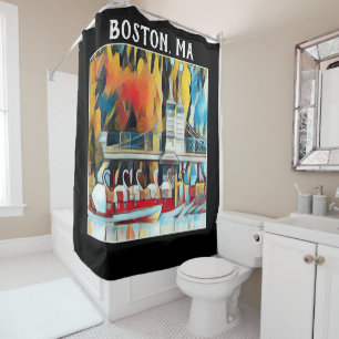 Art Deco Boston Swan Boote auf schwarzem Hintergru Duschvorhang