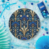 Art Deco Botanisches Muster. Saphirblau Pappteller (Party)