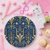Art Deco Botanisches Muster. Saphirblau Pappteller (Party)
