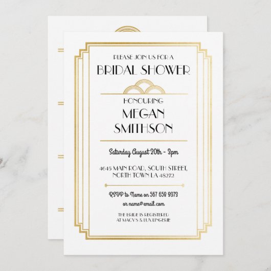 Art Deco Brautparty 1920er Gatsby Gold Einladung (Vorne/Hinten)