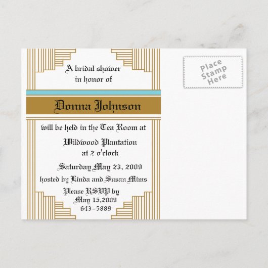 Art Deco Brautparty Einladungspostkarte (Rückseite)