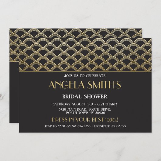 Art Deco Brautparty Gatsby Gold Party der 1920er J Einladung (Vorne/Hinten)