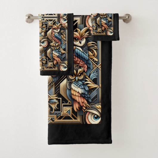 Art Deco Bunter Uhu Badhandtuch Set (Insitu)