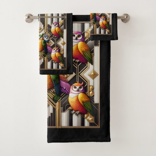 Art Deco Bunter Uhu Badhandtuch Set (Insitu)