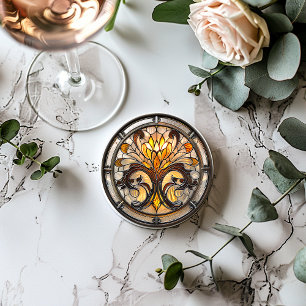 Art Deco Buntglas Blumenmuster Gelb Braun Orange Runder Pappuntersetzer