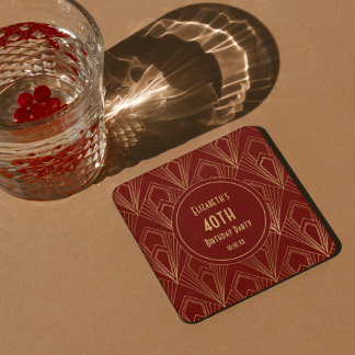 Art Deco Burgundy & Gold 40. Geburtstag Party Rechteckiger Pappuntersetzer