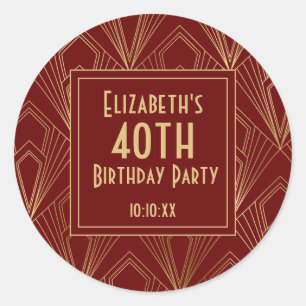 Art-Deco-Burgundy & Gold-Geburtstagsparty der 1920 Runder Aufkleber