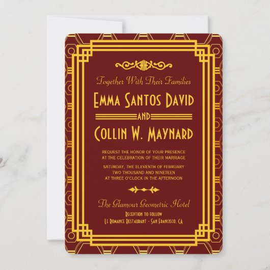 Art Deco Burgundy Wedding lädt ein Einladung (Vorderseite)