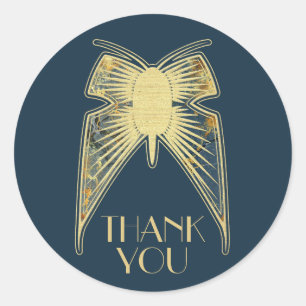 Art Deco Butterfly Blue Gold "Danke" Runder Aufkleber