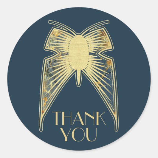 Art Deco Butterfly Blue Gold "Danke" Runder Aufkleber (Vorderseite)
