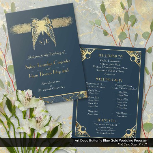 Art Deco Butterfly Blue Gold Hochzeitsprogramm Save The Date
