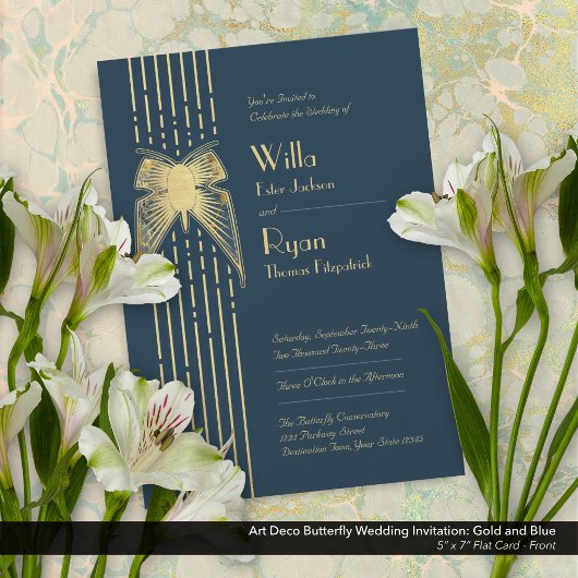 Art Deco Butterfly Blue und Gold Wedding Einladung