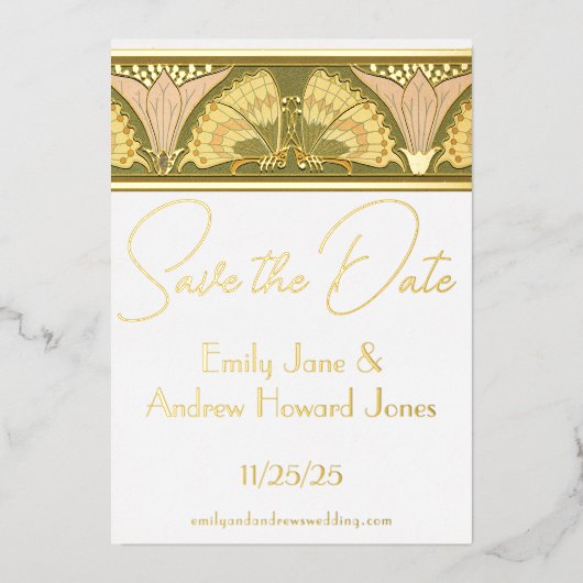 Art Deco Butterfly Calla Lily Save the Date Folieneinladung (Vorderseite)