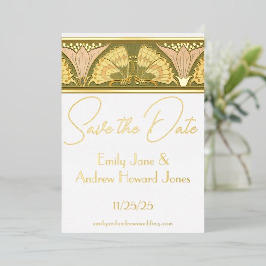 Art Deco Butterfly Calla Lily Save the Date Folieneinladung (Stehend vorne)