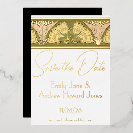 Art Deco Butterfly Calla Lily Save the Date Folieneinladung (Vorderseite/Rückseite)