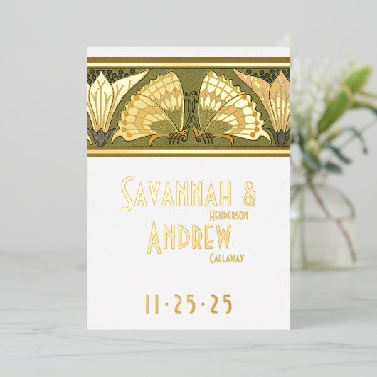 Art Deco Butterfly Calla Lily Save the Date Folieneinladung (Stehend vorne)