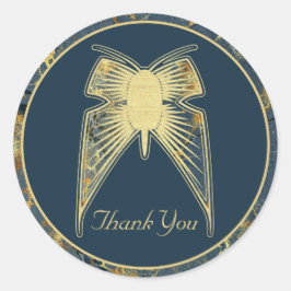 Art Deco Butterfly "Danke" Blue Gold Marmor Runder Aufkleber