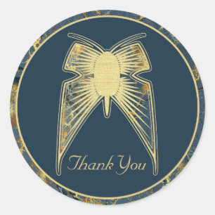 Art Deco Butterfly "Danke" Blue Gold Marmor Runder Aufkleber