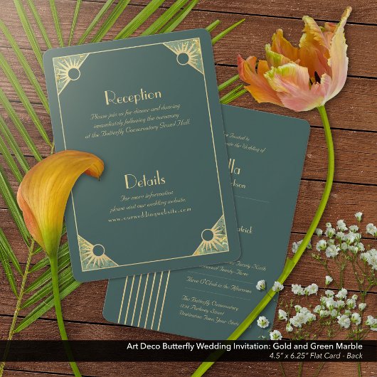 Art Deco Butterfly Grün und Gold Hochzeit Einladung