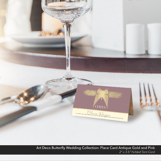 Art Deco Butterfly Hochzeit Antique Gold Pink Zelt Platzkarte