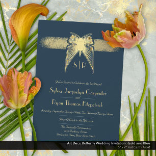 Art Deco Butterfly Monogram Blue and Gold Wedding Einladung