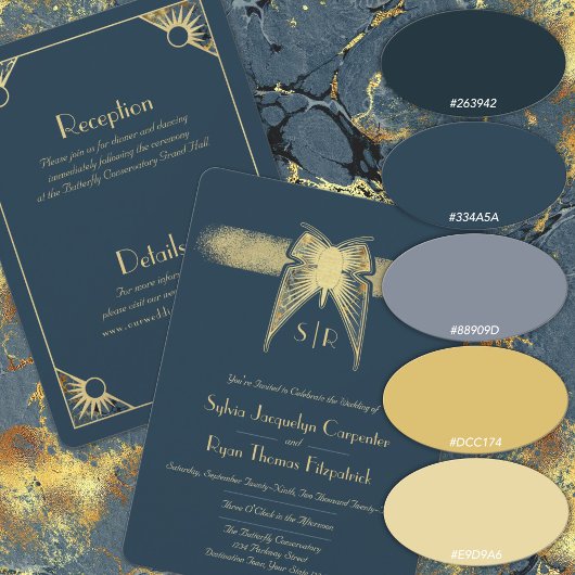 Art Deco Butterfly Monogram Blue and Gold Wedding Einladung