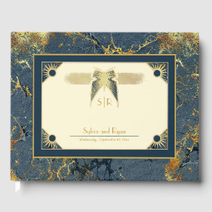 Art Deco Butterfly Monogram Blue and Gold Wedding Gästebuch