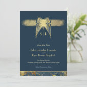 Art Deco Butterfly Monogram Blue and Gold Wedding Save The Date (Stehend Vorderseite)
