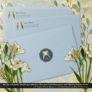 Art Deco Butterfly Monogram Blue Gold Marmor Runder Aufkleber
