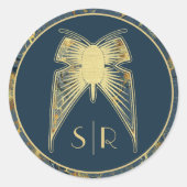 Art Deco Butterfly Monogram Blue Gold Marmor Runder Aufkleber (Vorderseite)