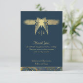 Art Deco Butterfly Monogram Foto Blue Gold Flat Dankeskarte (Stehend Vorderseite)