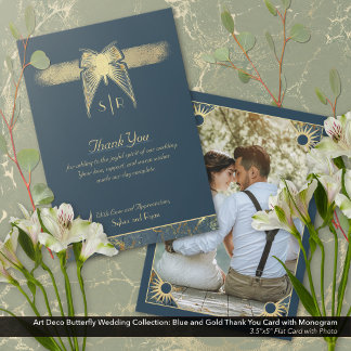 Art Deco Butterfly Monogram Foto Blue Gold Flat Dankeskarte