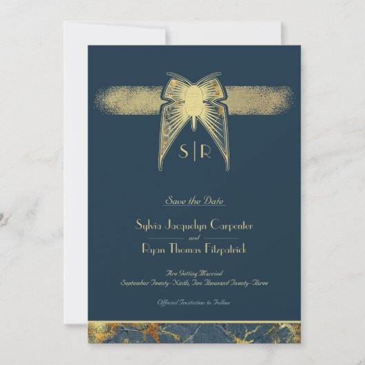 Art Deco Butterfly Monogram Foto Blue Gold Save The Date (Vorderseite)