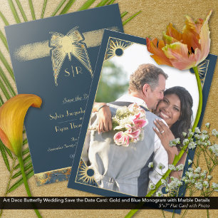 Art Deco Butterfly Monogram Foto Blue Gold Save The Date