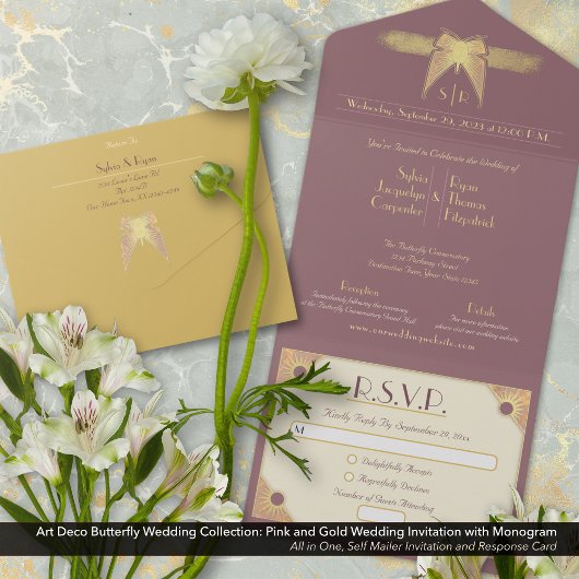 Art Deco Butterfly Monogram Pink Gold Hochzeit All In One Einladung