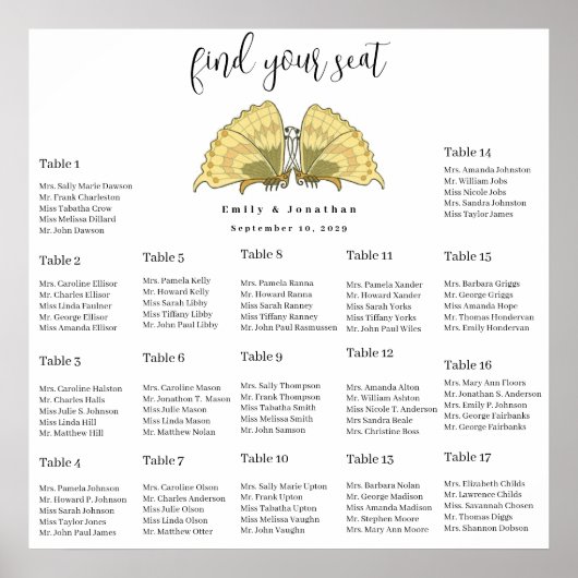 Art Deco Butterfly Wedding Seating Chart Poster (Vorne)