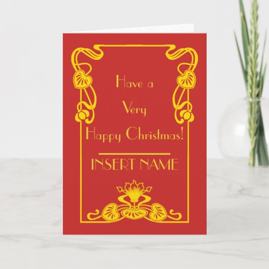 Art Deco Calligraphy Red Gold Weihnachten Karte (Vorderseite)