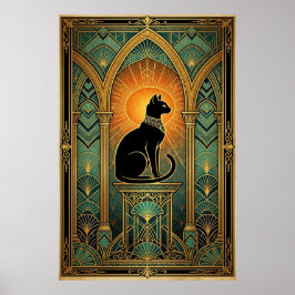 Art Deco Celestial Solstice Cat Wall Art Poster
