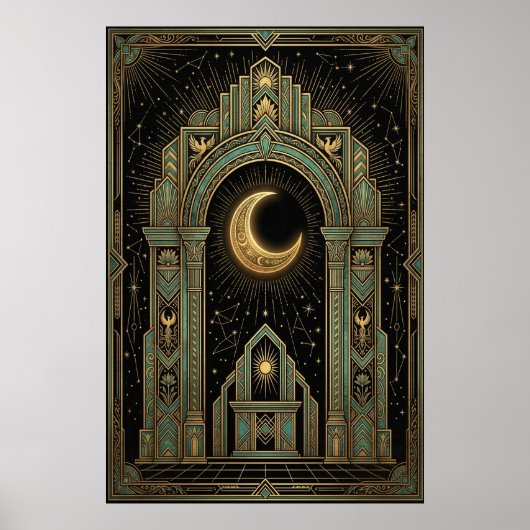 Art Deco Celestial Temple Poster | Gold Sunburst (Vorne)