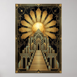 Art Deco Celestial Temple Poster | Gold Sunburst 