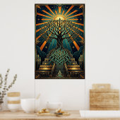 Art Deco Celtic Tree of Life Pyramid Gold Teal Poster (Küche)