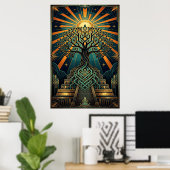 Art Deco Celtic Tree of Life Pyramid Gold Teal Poster (Heimbüro)