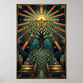 Art Deco Celtic Tree of Life Pyramid Gold Teal  Poster