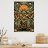 Art Deco Cherry Blossom Tree Throne Gold Teal Poster (Küche)