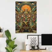 Art Deco Cherry Blossom Tree Throne Gold Teal Poster (Heimbüro)