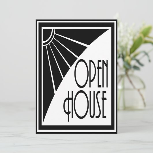 Art Deco Chic Black and White Open House Custom Einladung (Stehend Vorderseite)