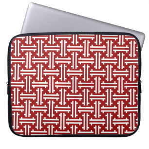 Art Deco Chinese Fret, Dunkelrot und Weiß Laptopschutzhülle